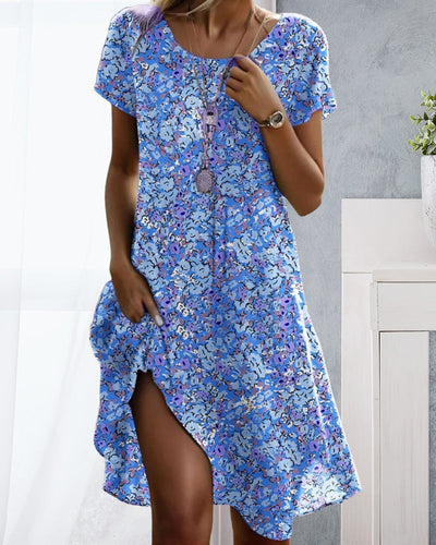 Kleid Rundhals Kurzarm Blumenmuster