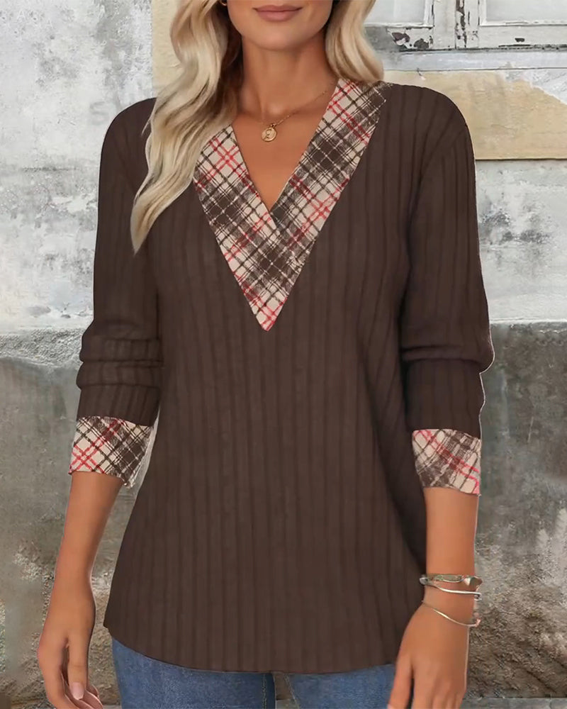Sweater V-neck armored checked knitted