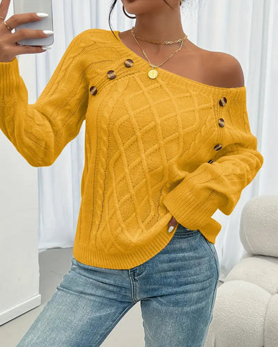 Pullover Uni Raglanärmel Schnalle Zopfmuster