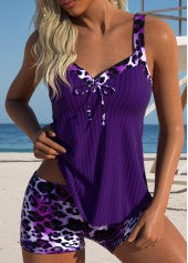 ROTITA Patchwork Dark Purple Leopard Mid Waisted Tankini Set