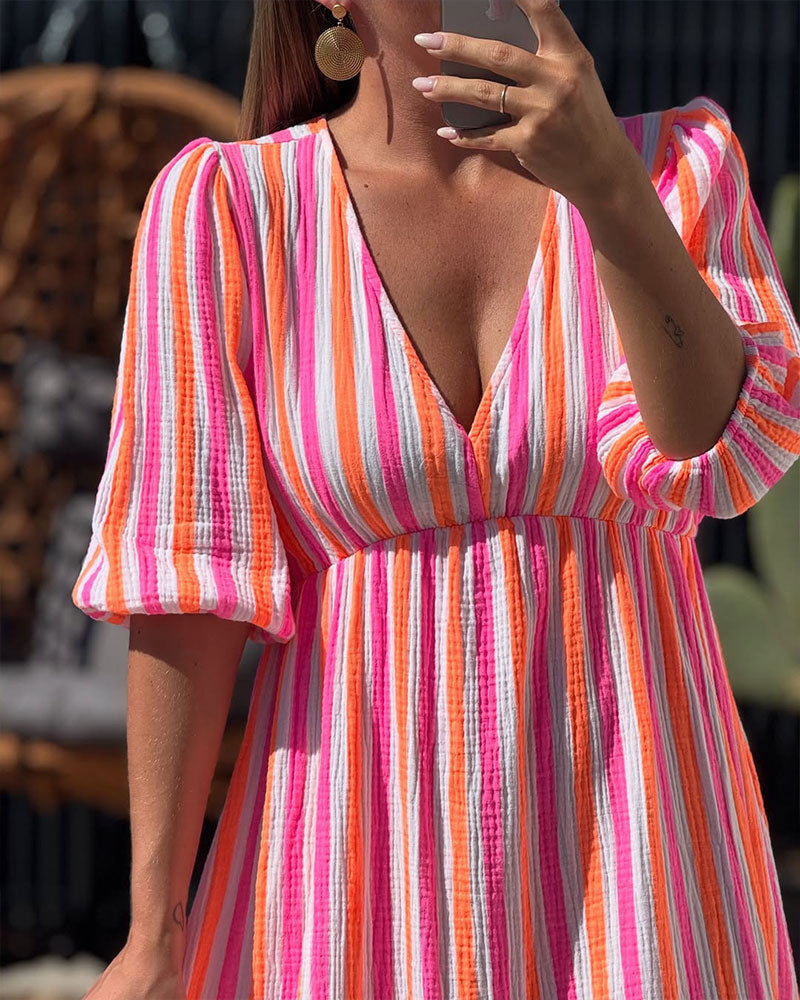 Kleid V-Ausschnitt Gestreift A-Linie