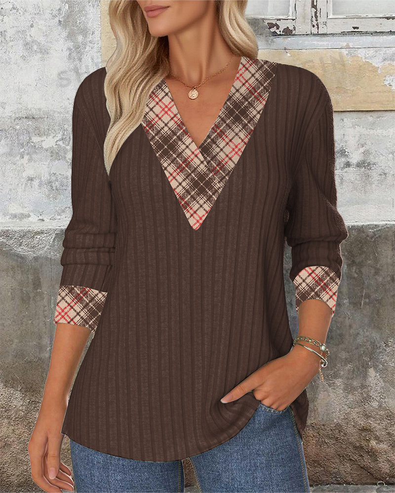 Sweater V-neck armored checked knitted