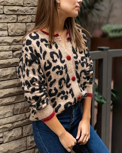 Pullover Kontrast Knopf Leopardenprint