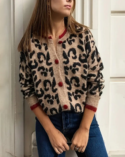 Pullover Kontrast Knopf Leopardenprint