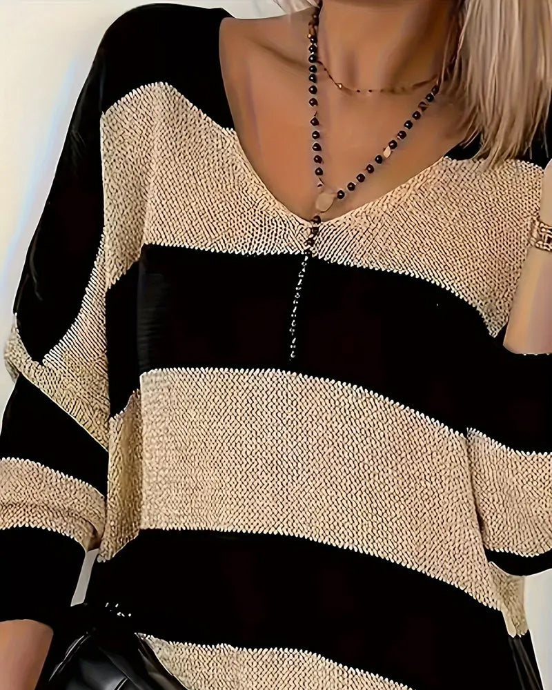 Lockeres Gestreiftes V-Ausschnitt Pullover