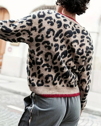 Pullover Kontrast Knopf Leopardenprint