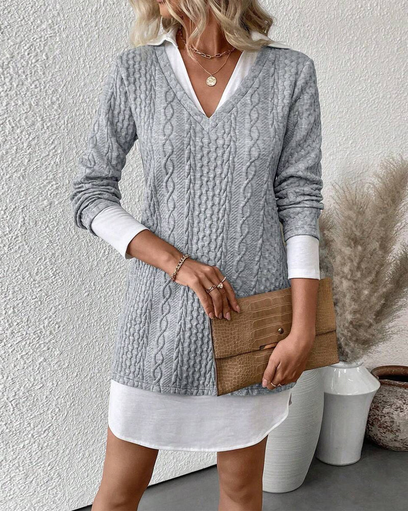 Kleid Hemdkragen Fake Zweiteilig Gestrickt