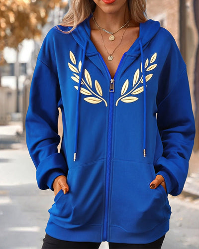 Sweatshirt Mit Reißverschluss Und Blattmuster