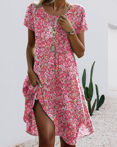 Kleid Rundhals Kurzarm Blumenmuster