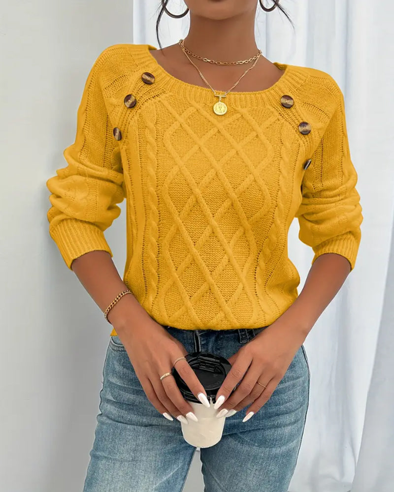 Pullover Uni Raglanärmel Schnalle Zopfmuster