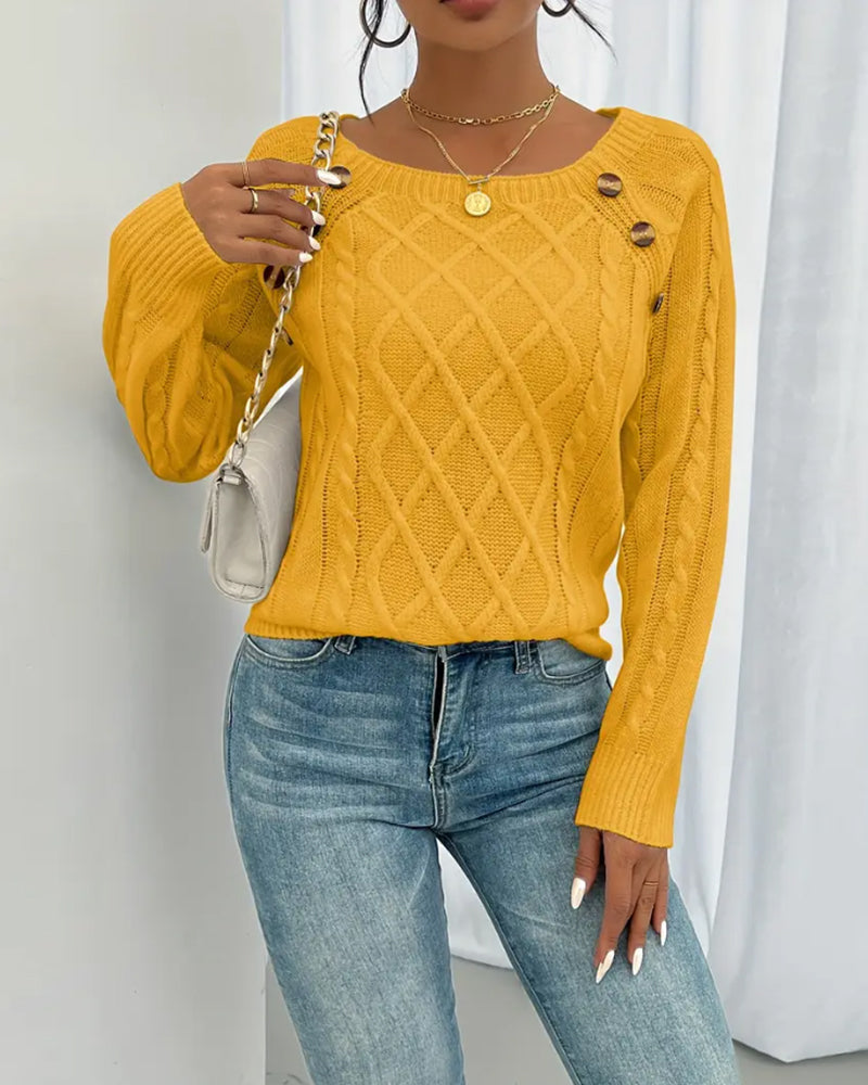 Pullover Uni Raglanärmel Schnalle Zopfmuster