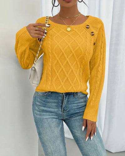 Pullover Uni Raglanärmel Schnalle Zopfmuster
