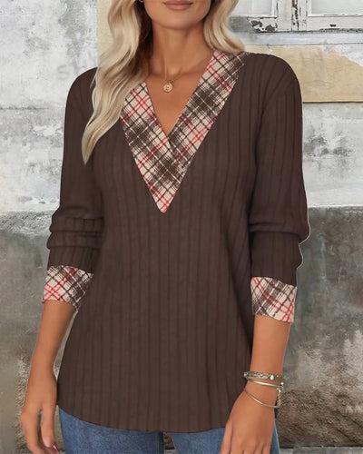 Sweater V-neck armored checked knitted