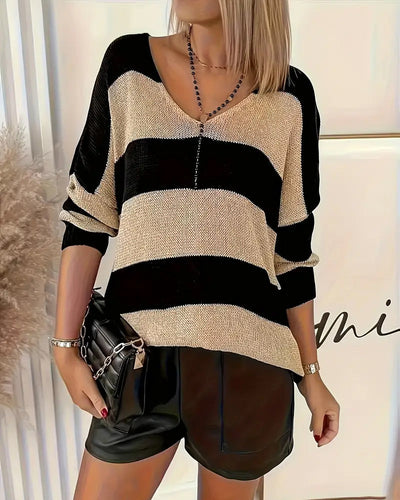 Lockeres Gestreiftes V-Ausschnitt Pullover