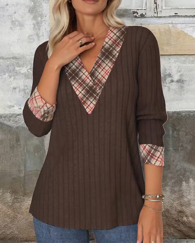 Sweater V-neck armored checked knitted