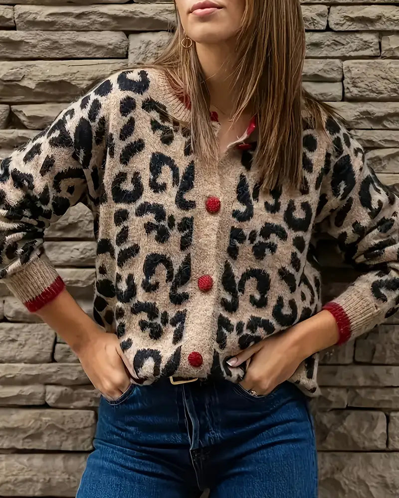 Pullover Kontrast Knopf Leopardenprint