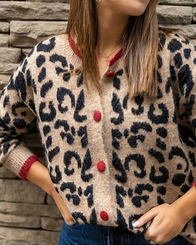 Pullover Kontrast Knopf Leopardenprint