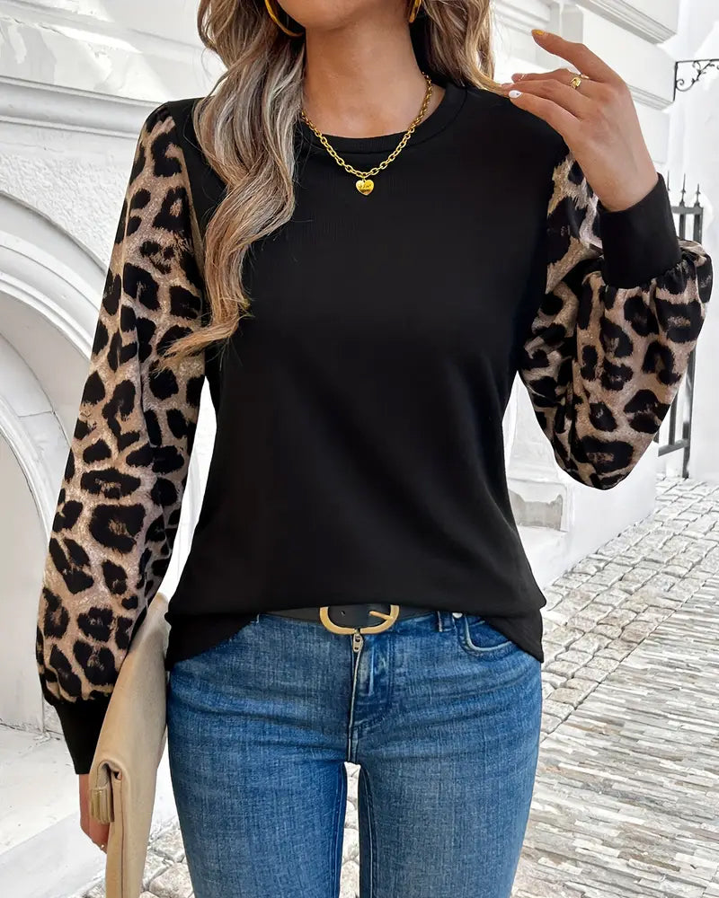 Top Langarm Leopard Print Kontrast