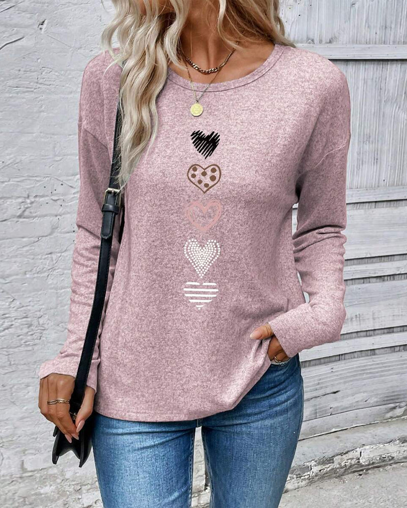 Top Langarm Rundhals Liebesherz-Print